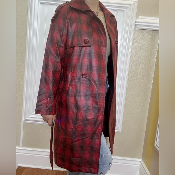 Anthropologie Red Plaid Trench Coat - Picture 5 of 9